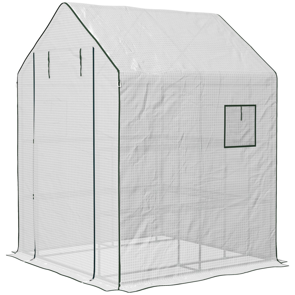 4.6' x 4.7' Portable Greenhouse, Water/UV Resistant Walk-In Small Outdoor Green House with 2 Tier U-Shaped Flower Rack Shelves, Roll Up Door & Windows, White
