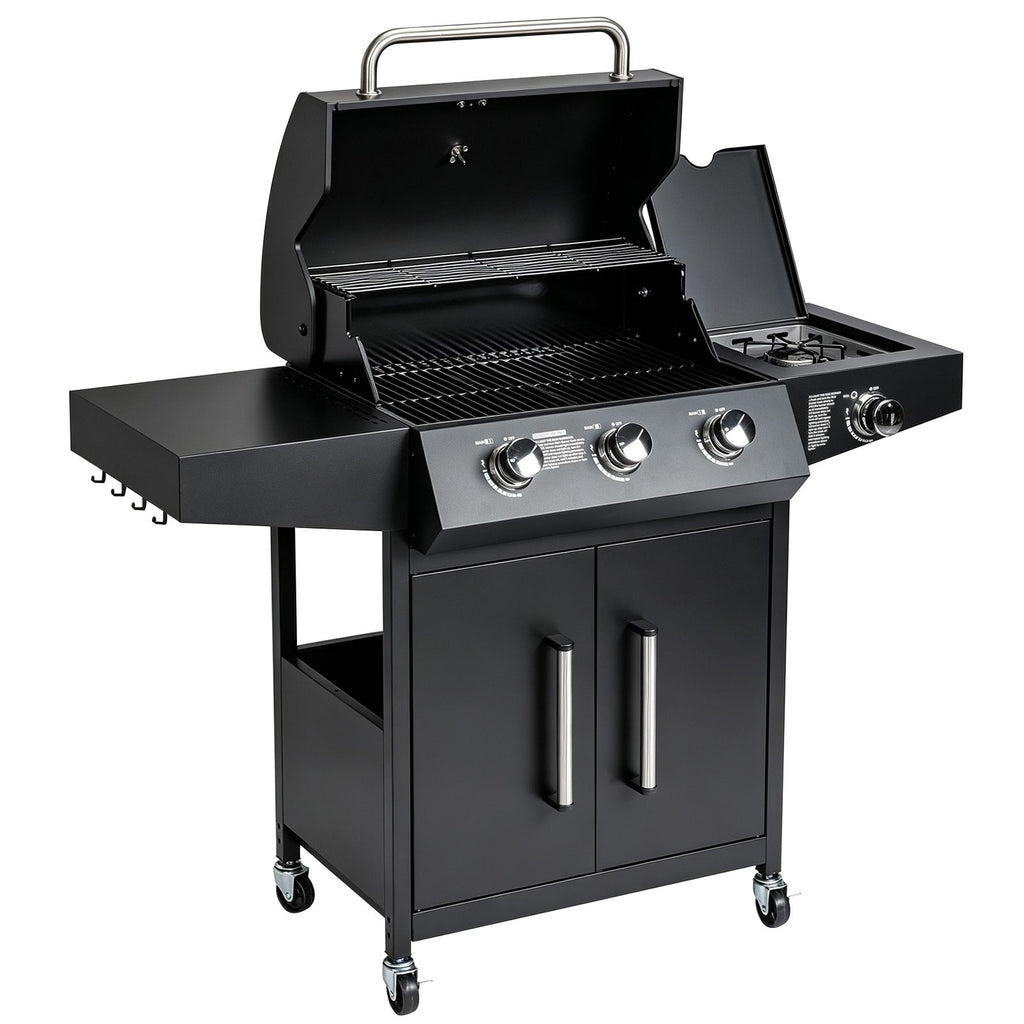 46,000 BTU Gas Grill with Side Burner, 3+1 Burner Stand-Up Black Iron BBQ Grill, Porcelain Enamel Grill Grates with Wheels for Outdoor Patio Backyard