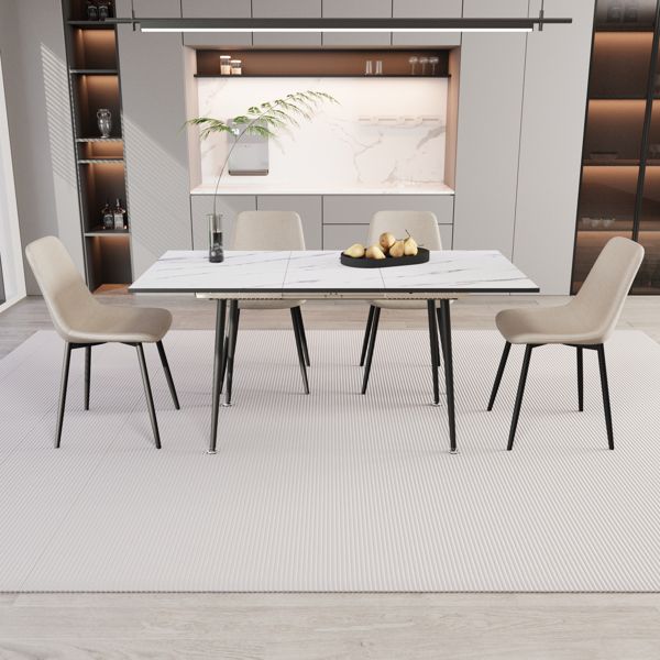 47"-63" extendable MDF modern dining table and chair set, suitable for 2-6 people, white dining table and modern beige dining chair 4-piece set, metal base and linen chair