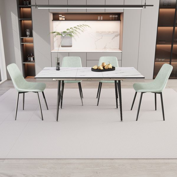 47"-63" extendable MDF modern dining table and chair set, suitable for 2-6 people, white dining table and modern light green dining chair 4-piece set, metal base and linen chair