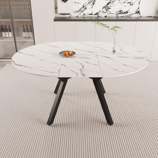 47-63 " extendable white circular dining table, 4-6 person kitchen dining table, modern coffee table with MDF tabletop and metal legs, suitable for kitchen&home