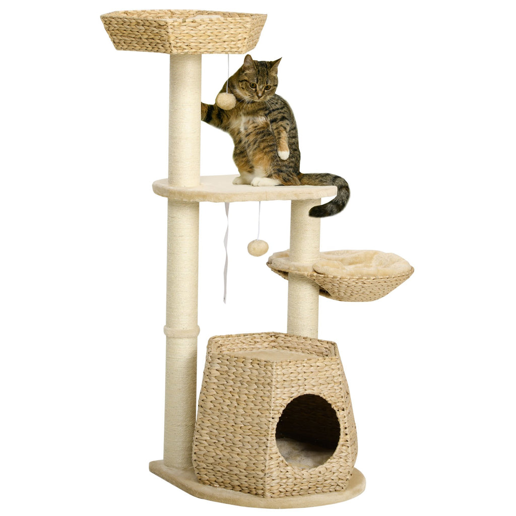 47" Cat Tree Kitty Activity Center, Cat Climbing Toy with Cattail Fluff, Bed, Condo, Sisal Scratching Post & Hanging Ball, Natural