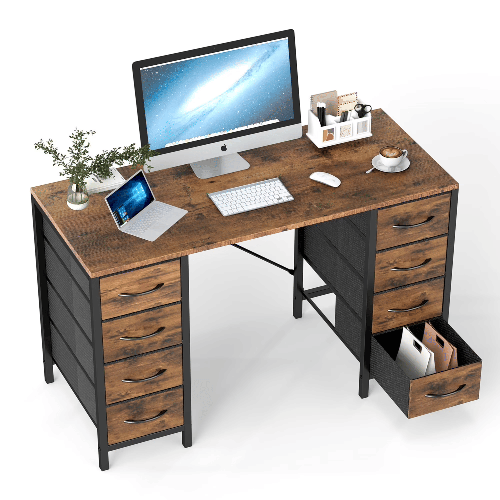 47 Inch Computer Desk with 8 Fabric Drawer,HomeOffice Desk with Power Outlets, LargeStorage,Rust