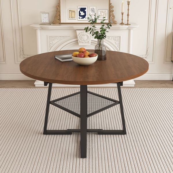 47 Inch Extendable Round Dining Table for 4-8 with Storage, Walnut Finish Circle Dining Table with Metal Frame & Thickened Top, Multi-Functional Kitchen & Living Room Table