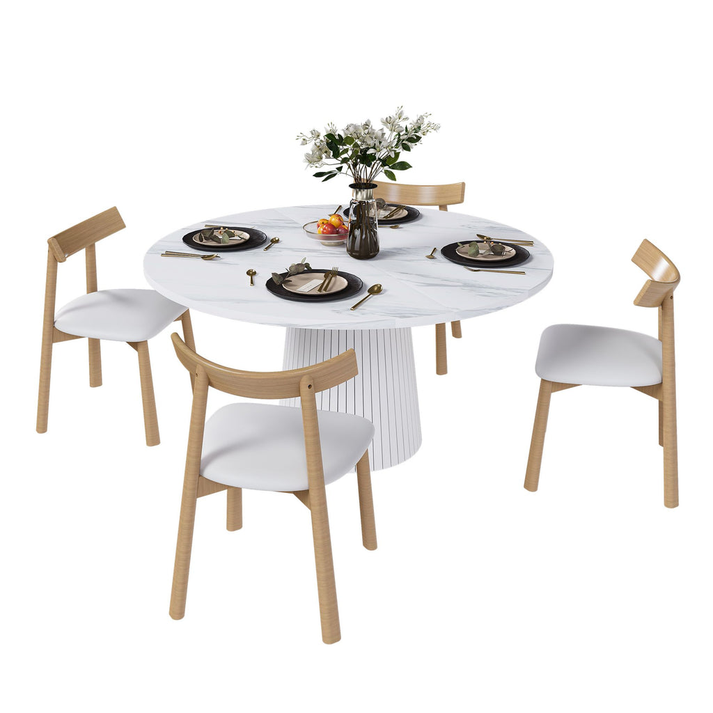 47 inch Round MDF Dining Table Set for 4, Modern Farmhouse Kitchen Table with Wood Strip Base & 4 Solid Wood Chairs, Marble Veneer Circle Dinner Table Set for Kitchen and Living Room