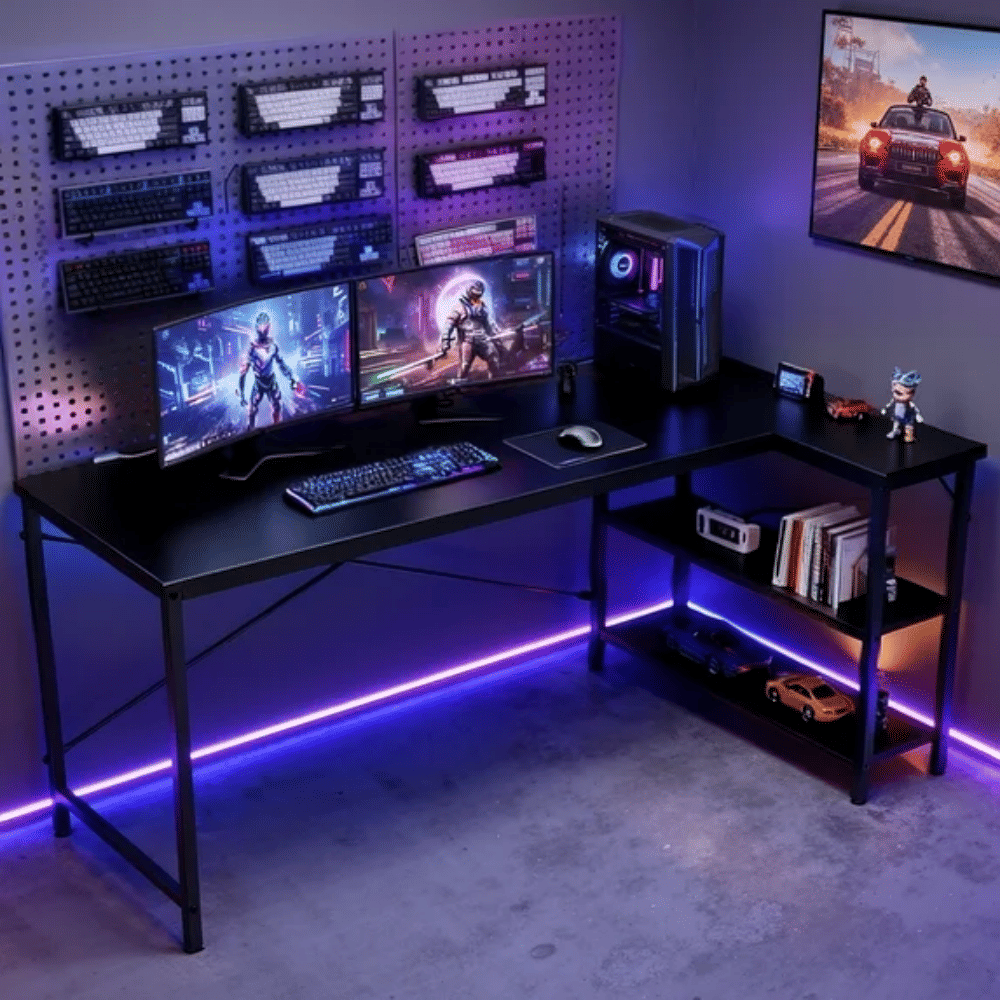 47" L-Shaped Computer Desk with Reversible Storage Shelves and PC Stand, Corner Gaming and Home Office Desk, Black(Shipment from Walmart)