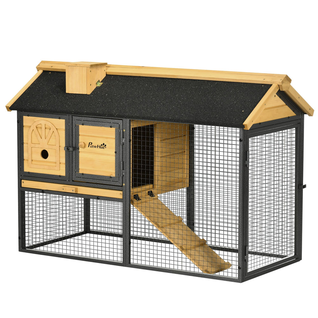 47" Rabbit Hutch Outdoor Bunny Cage with Run, Removable Tray & Ramp, 2-Story Wooden Rabbit House, Yellow/Black