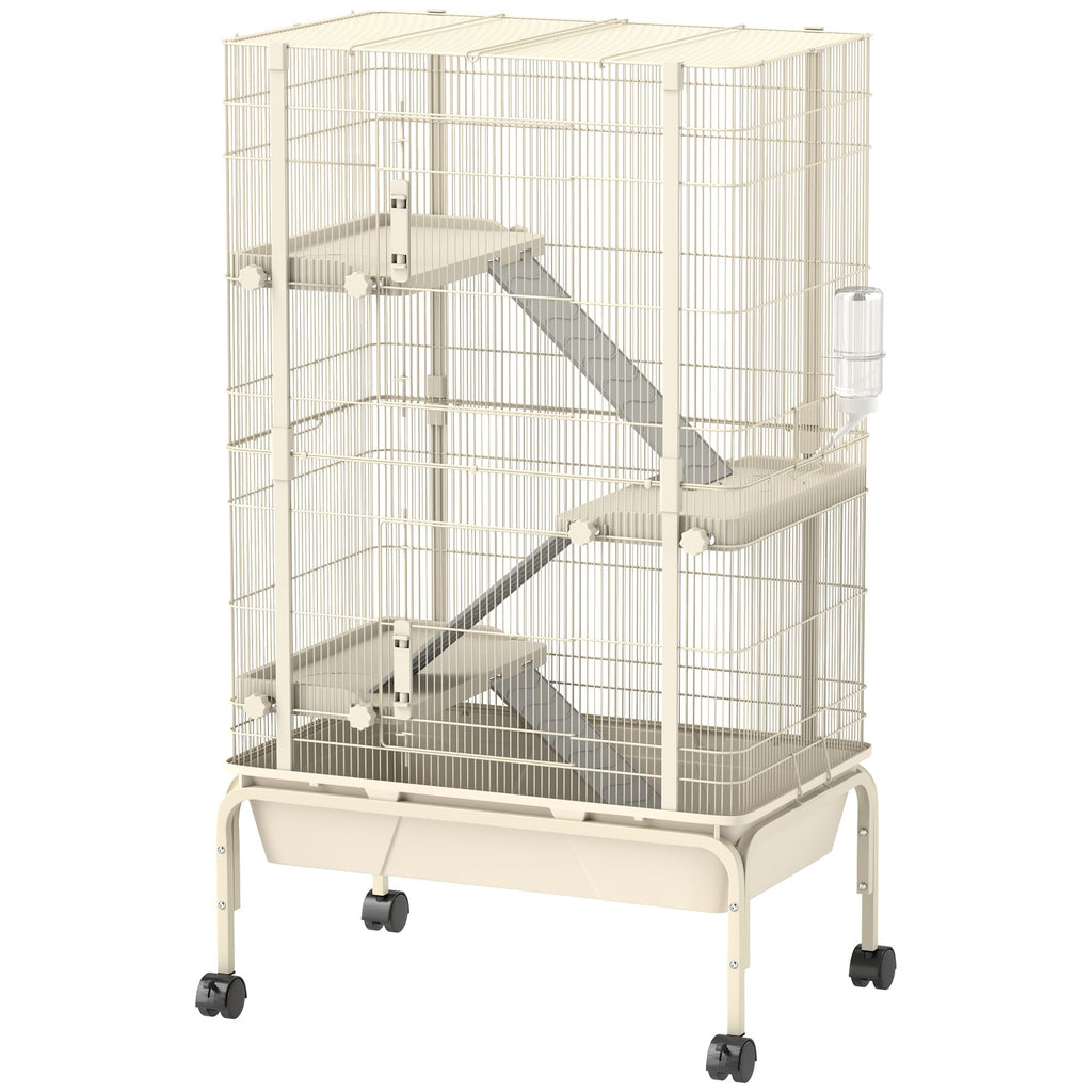 47" Small Animal Cage, 4 Levels Large Rolling Metal Ferret Cage w/ 5.9" Deep Tray, Ramps, Water Bottle, Food Dish, Beige