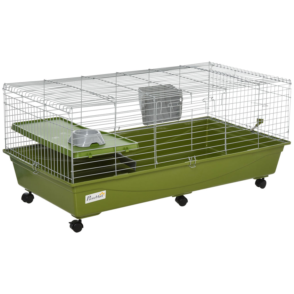 47" Small Animal Cage, Chinchilla Guinea Pig Hutch, Ferret Pet House with Platform Ramp, Food Dish, Wheels & Water Bottle, Green