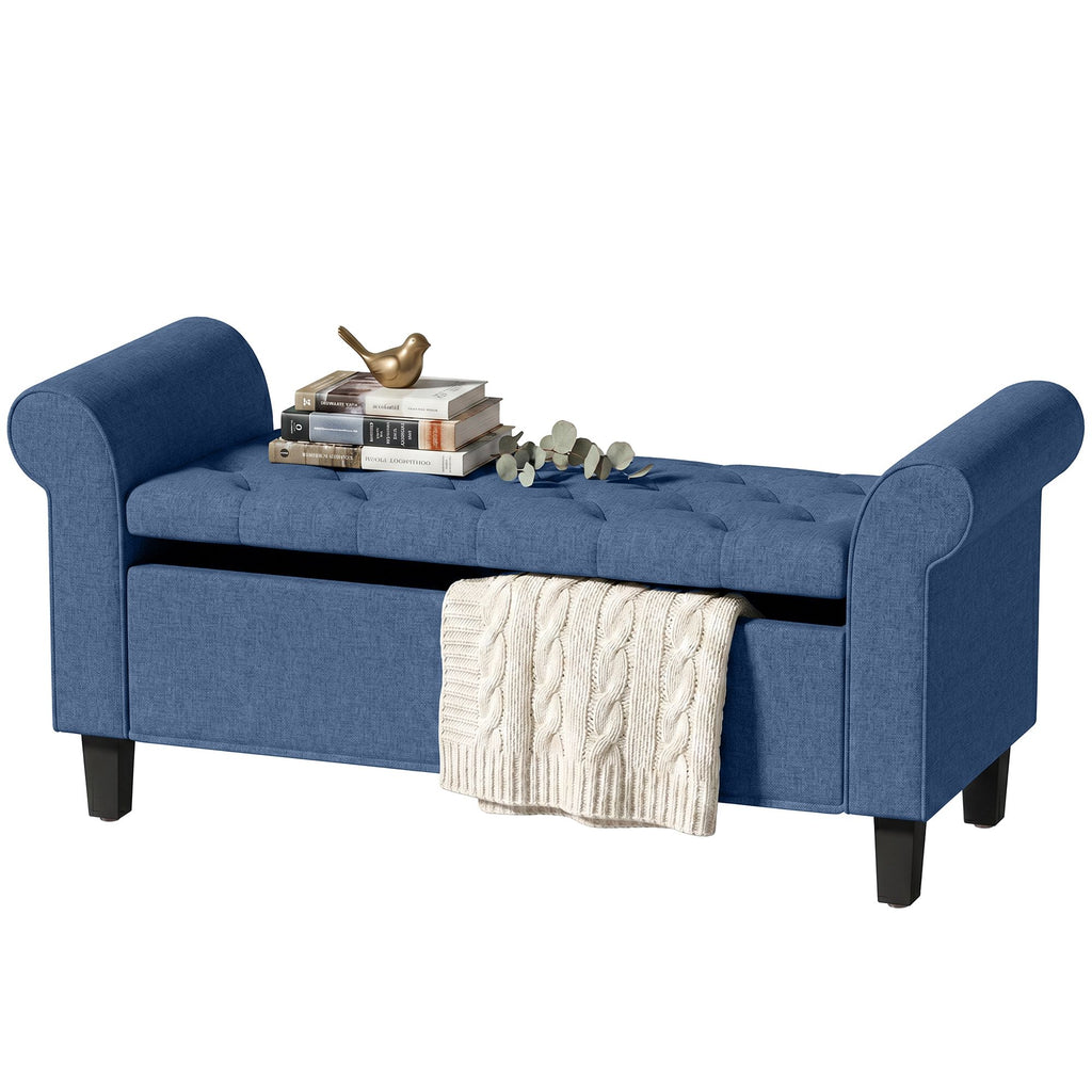 47" Storage Ottoman Bench, Tufted End of Bed Bench with Rolled Arms, Safety Hinge, Wood Legs for Bedroom, Blue