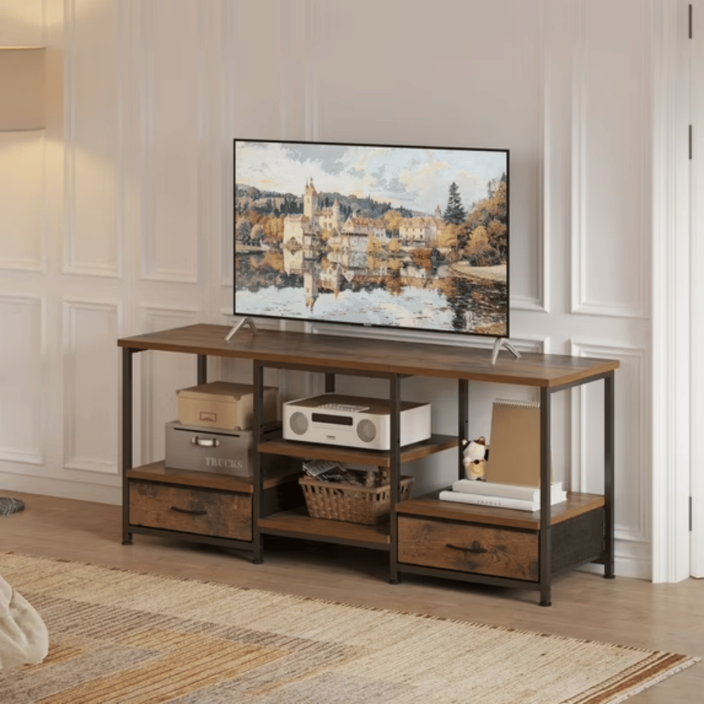 47" TV Stand for 65" TVs, Media Console with Built-In USB, Type-C & AC Charging Station, Entertainment Center with Storage Shelves and Fabric Drawers, Rustic Brown