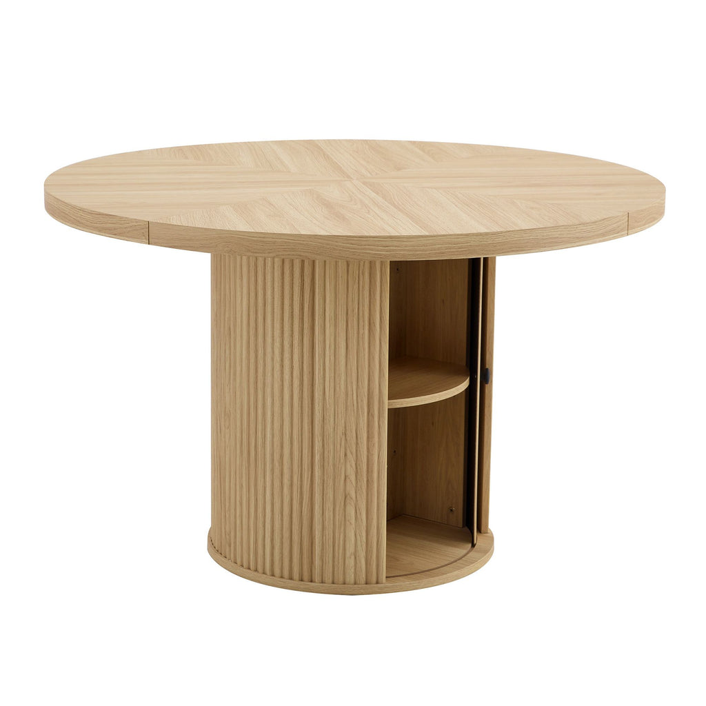 47.2-inch round wooden-style dining table with double-layer storage design and Roman column shape - featuring classic wood grain finish, it creates an eternal and elegant atmosphere for your living