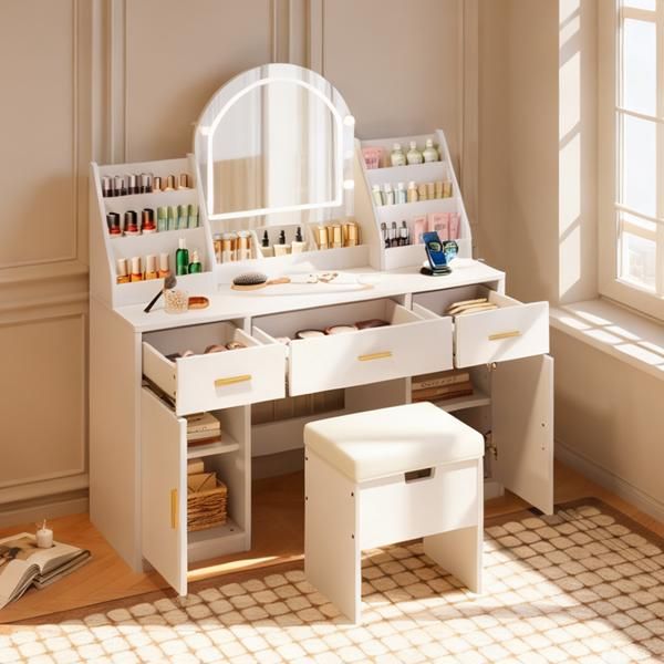 47.2" Makeup Vanity with Mirror and Light, Vanity Desk with Cushioned Storage Stool, Dressing Table with Two Organizers,3 Drawers and 2 Cabinets for Bedroom, White
