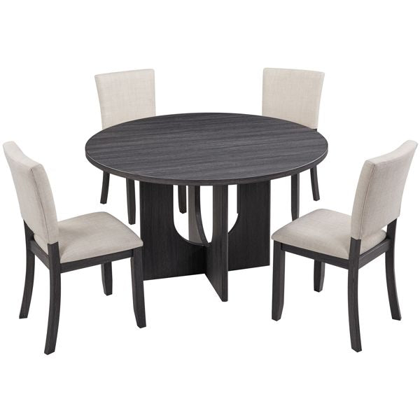 47.3" Round Dining Set with 4 Upholstered Dining Chairs, Modern Round Dining Table Set for 4, 5-Piece Round Dining Table Set for Living Room, Kitchen, Antique Black & Beige Two packages detailed below