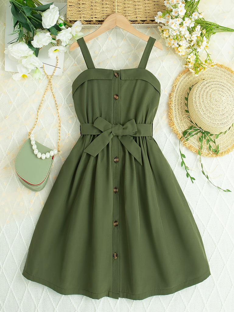 Girls Summer Fashion Dress, Sleeveless Regular Fit With Belt, Casual Outing, Youthful Style, Solid Color, Thick Straps With Front Button Closure, Green