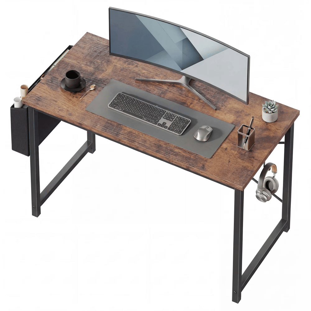 47"HomeOffice DeskforSmall Spaces, Computer Desk withStorageBag & Hook, Modern Simple Style Study WritingTableforBedroom, Rustic Brown