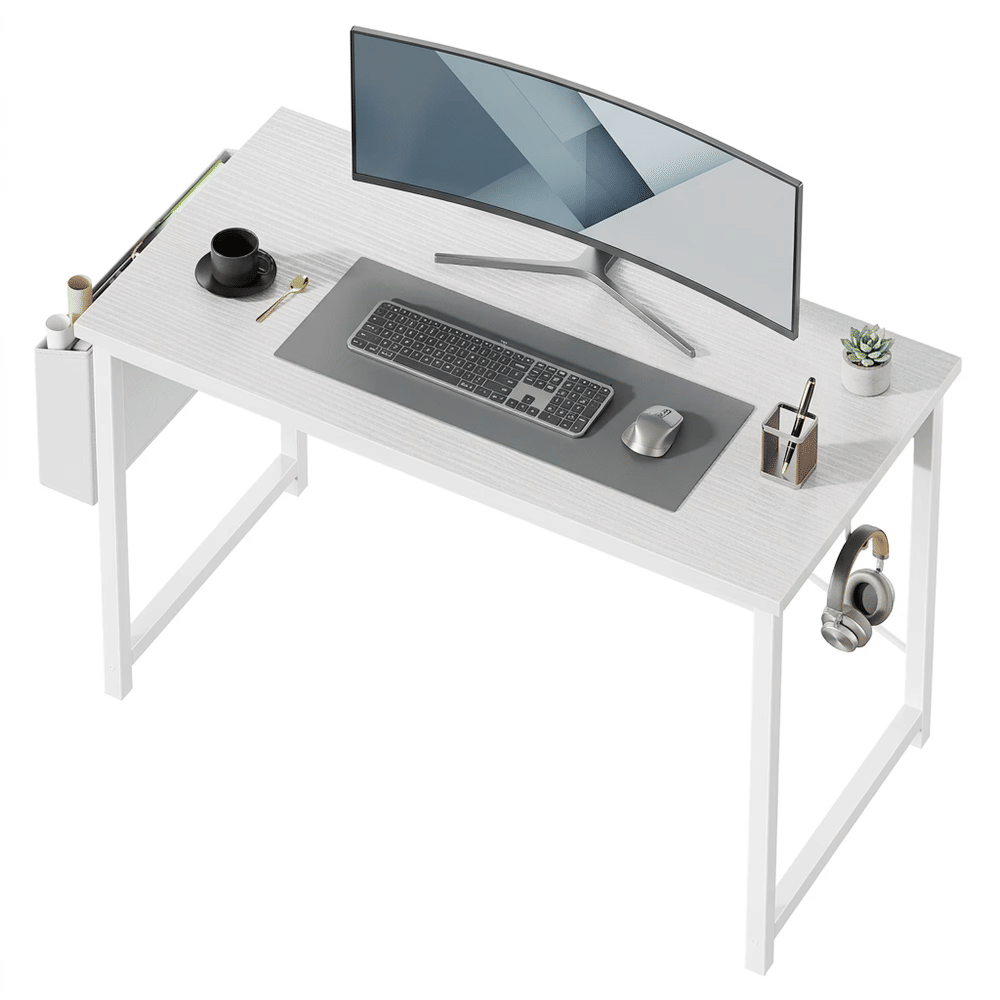 47"HomeOffice DeskforSmall Spaces, Computer Desk withStorageBag & Hook, Modern Simple Style Study WritingTableforBedroom, White