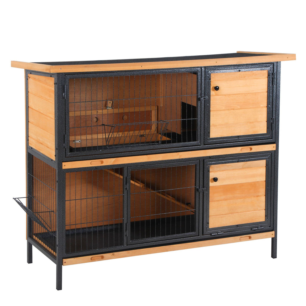 48" 2-Levels Bunny Hutch, Wooden Rabbit Hutch with Rooms, Ramp, Leak-Proof Tray, Feeding Trough, Asphalt Roof, Yellow