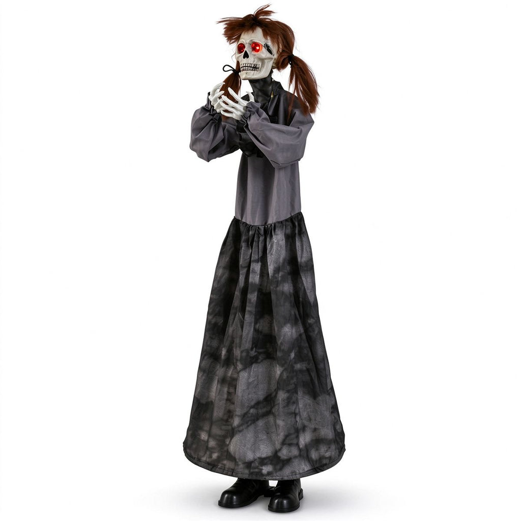 48" Animated Halloween Girl Doll Animatronic, Sound Activated Pop-Up Head with Light Up Red Eyes & Creepy Sounds, Posable Arms for Haunted House Porch Decor