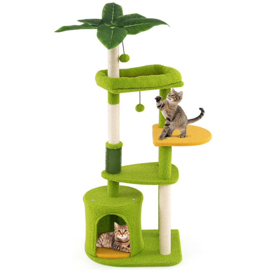 48" Cat Tree with Tropical Leaves - Self-Groomer & Scratching Posts, Space-Saving (Green+Orange)