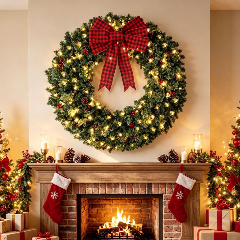 48" Holiday Wreath with Bow, Berries, Pinecones & 8 Modes