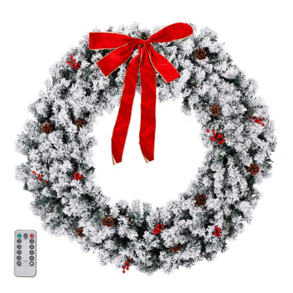 48 in Pre-Lit Snow-Flocked Christmas Wreath, 150 Warm White LED Lights, 450 PVC Tips, Remote Control, DIY Ornaments, Snowy Green