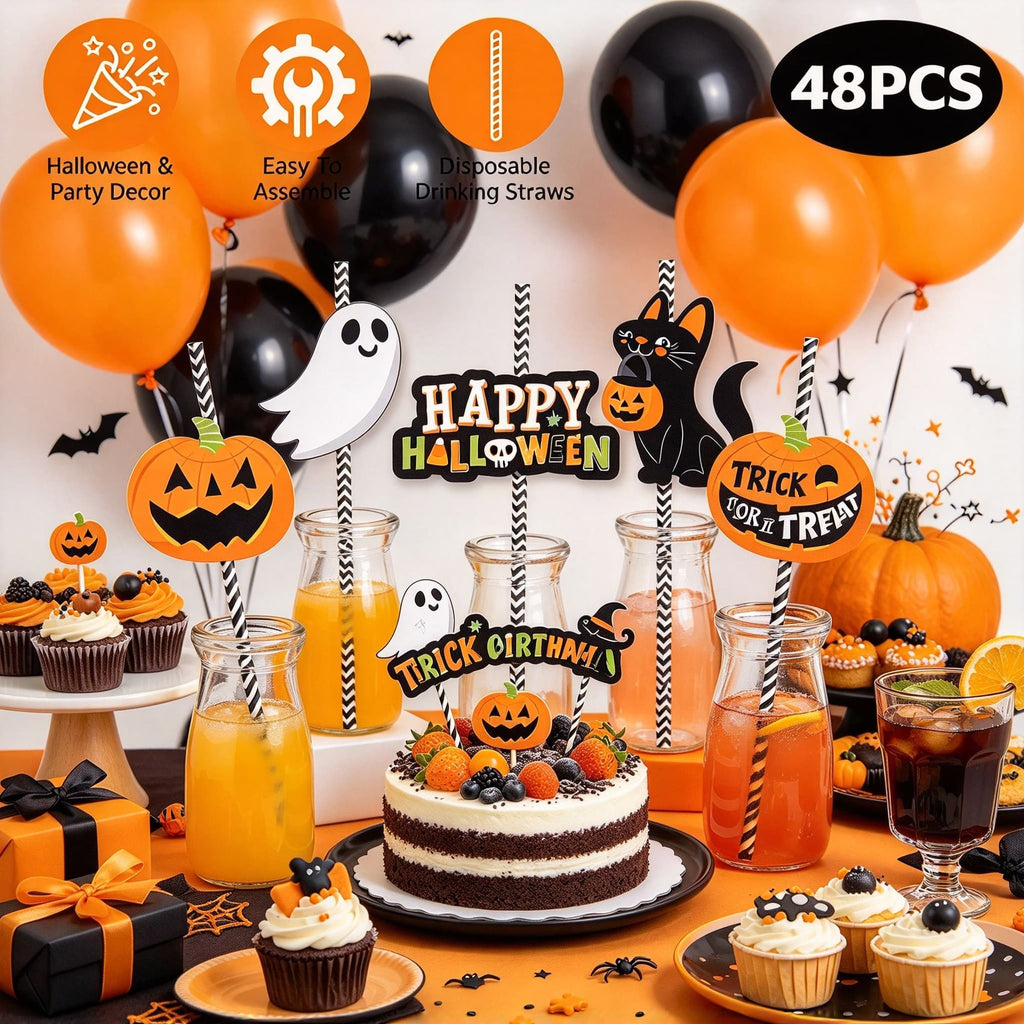48 pcs Halloween Table Party Decor Paper Straw Kit, Ghost Lantern Black Cat Pattern Decor Cards, DIY Drink Swizzle Sticks, Cake Topper Craft Supplies for Carnival & Home Halloween Gathering