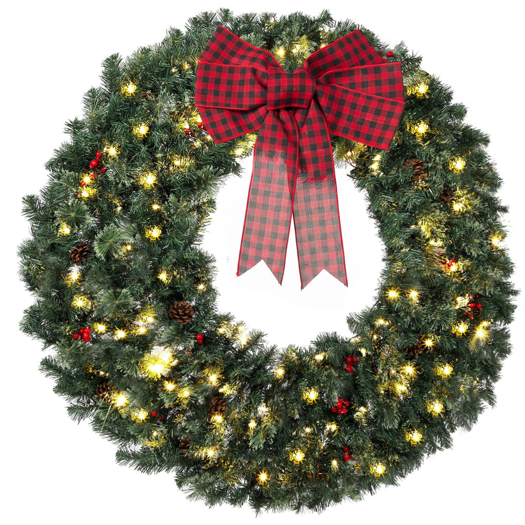 48" Prelit Crestwood Spruce Artificial Christmas Wreath, Christmas Decor with Bow, 8 Modes, Red Berries, Pinecones