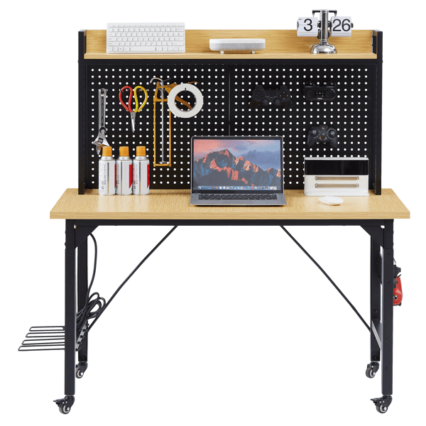 48''Adjustable Workbench with pegboard, Heavy Duty Wooden Desktop Workbench with Wheels, 1600 lb. Load Capacity, Rolling Workbench with AC/USB Outlet, Hooks, Shelf, for Garage, Workshop, Office, Home.