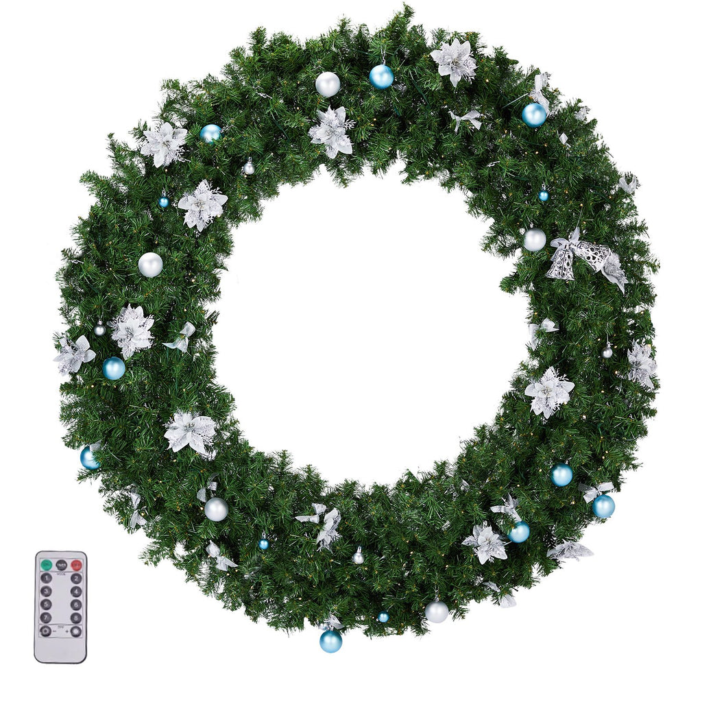 48in Pre-lit Christmas Wreath, Lighted Artificial Xmas Wreath with 150 Cold & Warm White Lights and 450 PVC Tips and DIY Ornaments, for Front Door Gate Wall Xmas Party Decorations, Light Green