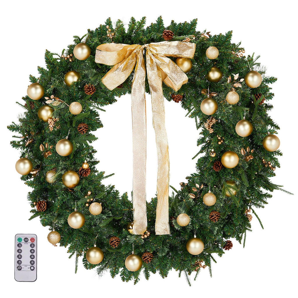 48in Pre-lit Christmas Wreath, Lighted Artificial Xmas Wreath with 150 Warm White Lights and 450 PVC Tips and DIY Ornaments, for Front Door Gate Wall Xmas Party Decorations, Light Green & Golden