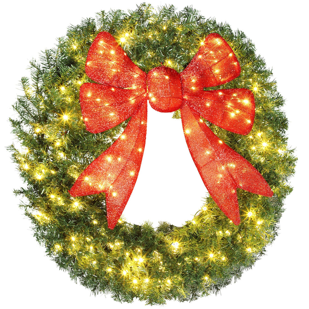 48in Pre-Lit Christmas Wreath with 3D Red Bow, 11 Lighting Modes, Front Door Christmas Wreath with Remote