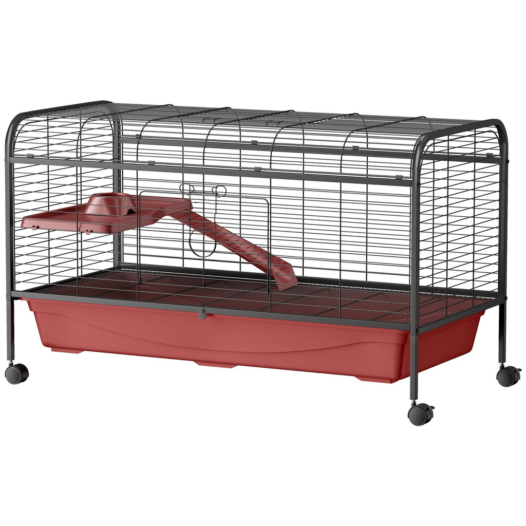 48"L Small Animal Cage, Pet Play House for Rabbit Hutch Ferret with Feeder, Rolling Wheels, Platform, Ramp