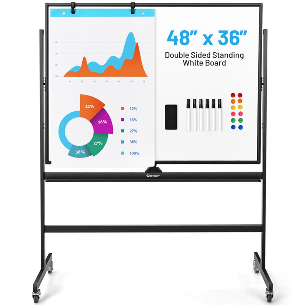 48''x36'' Mobile Whiteboard with Height Adjust, Magnetic Double-Sided Reversible Whiteboard