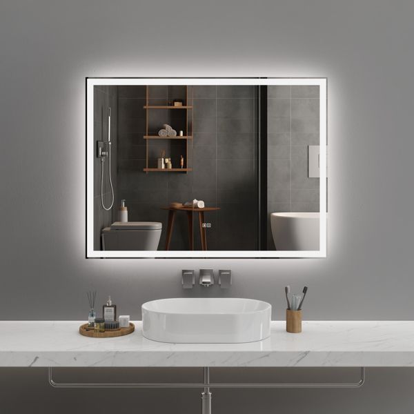 48"x36" Modern LED Smart Mirror Bathroom Mirror, Front Lit & Back Lit With 3 Color Adjustable, Memory Function, Anti-Fog, Time Mode Control[Unable to ship on weekends]