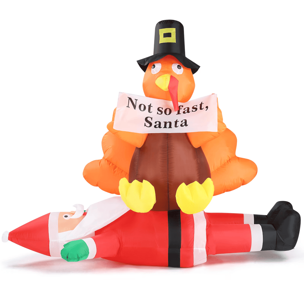 4.9 FT Lighted Christmas Inflatable Decoration, Inflatable Turkey Sitting on Santa Claus, Funny Blow Up Yard Decorations with Built-in LED LightsforHoliday Party Front Yard LawnGardenDecor