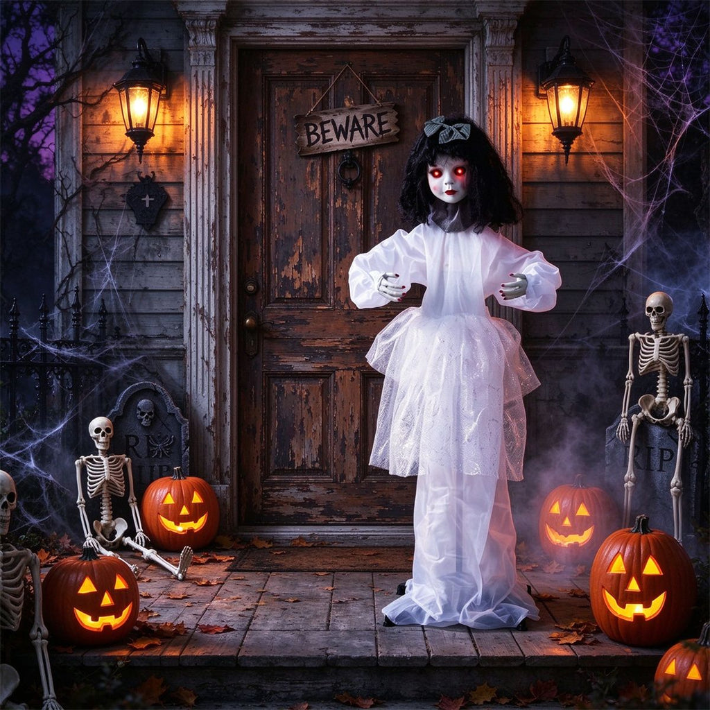 49" Halloween Animatronic Doll Girl Prop, Sound & Button Activated with Glowing Red Eyes, Shakeable Head & Posable Arms for Haunted House Porch Decor