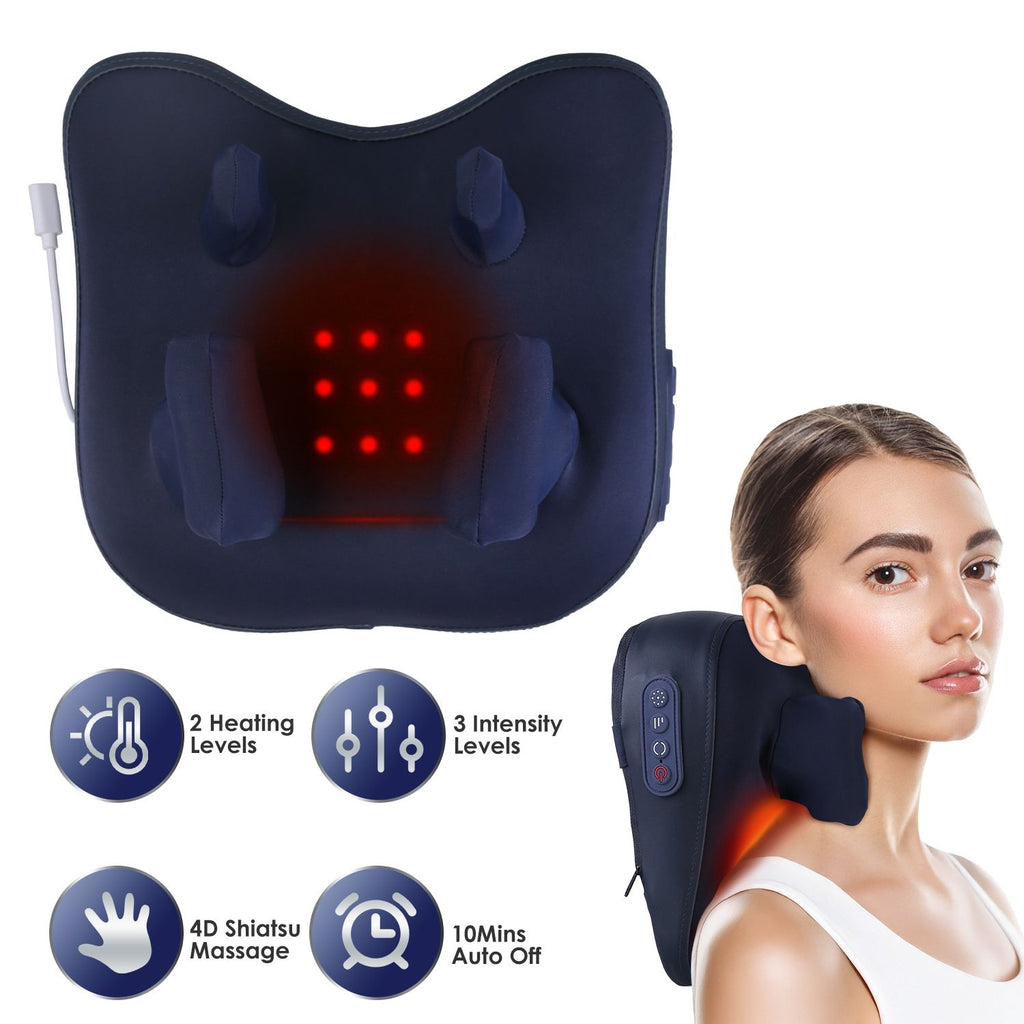 4D Deep Shiatsu Kneading Massager - 6 Nodes, 2 Heating Levels, 3 Intensities - Cordless with Auto Off Timer, Ideal for Neck & Back