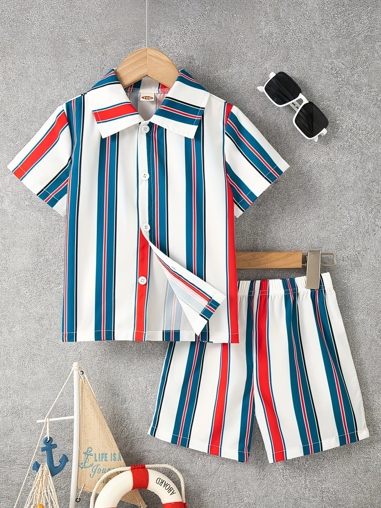 2pcs Boys Casual Stylish Striped Short Sleeve Lapel Shirt & Shorts Set, Comfy Summer Kids Clothing