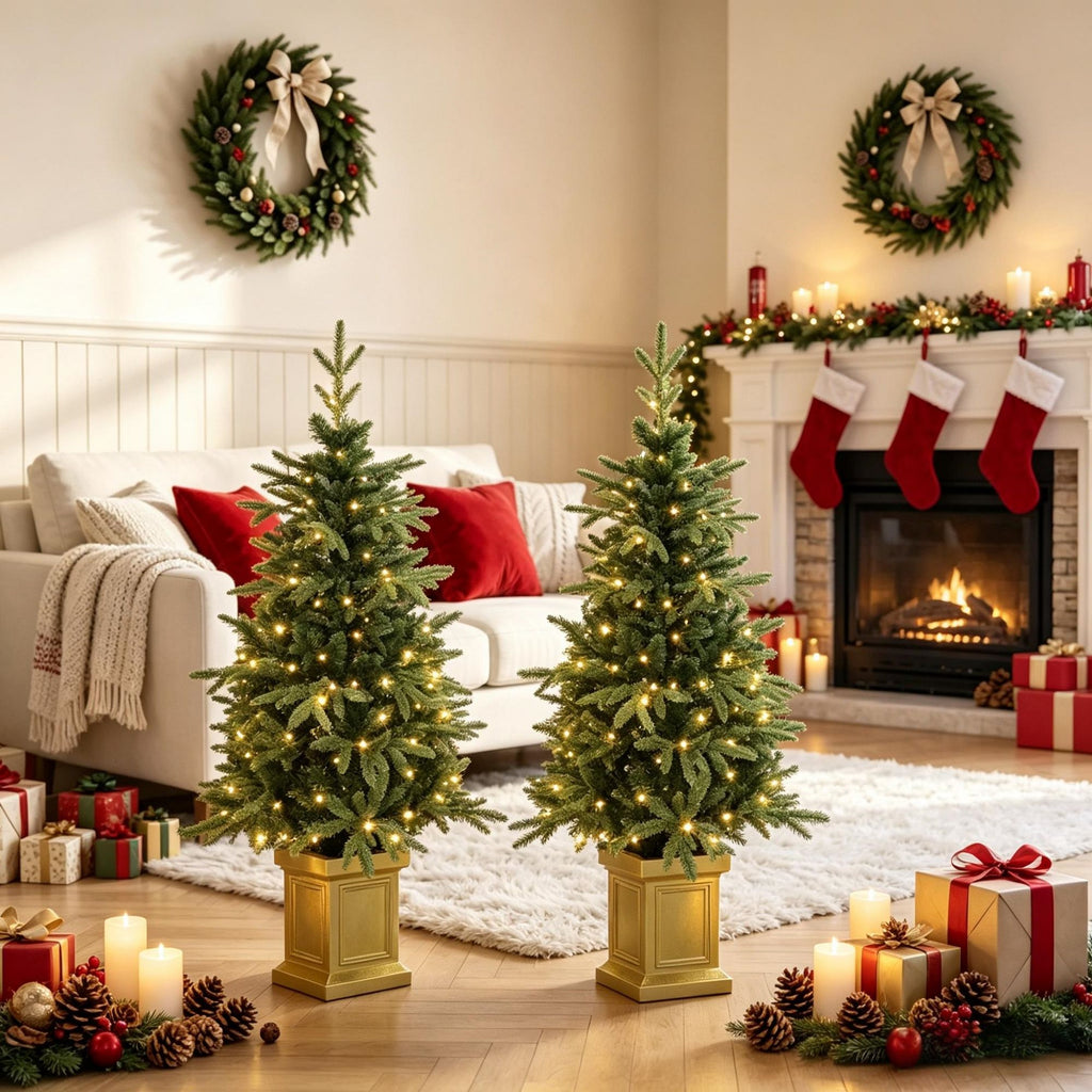 4ft Christmas Tree Set of 2 Aspen Fir Dual Color LED Remote Battery Operated 11 Modes