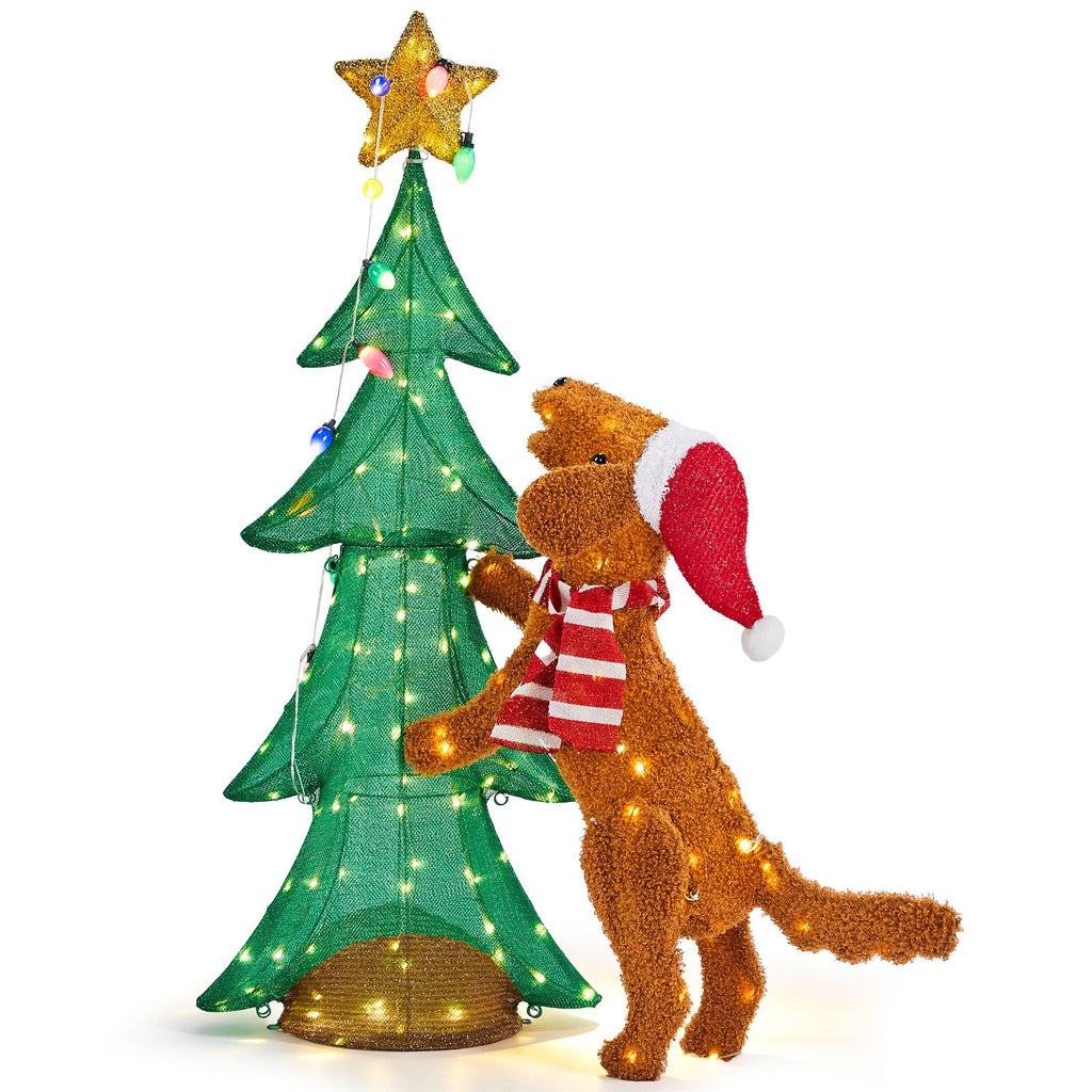 4FT Dog Climbing Tree with 188 Warm White Lights, Fabric-Covered Christmas Decor, US Plug