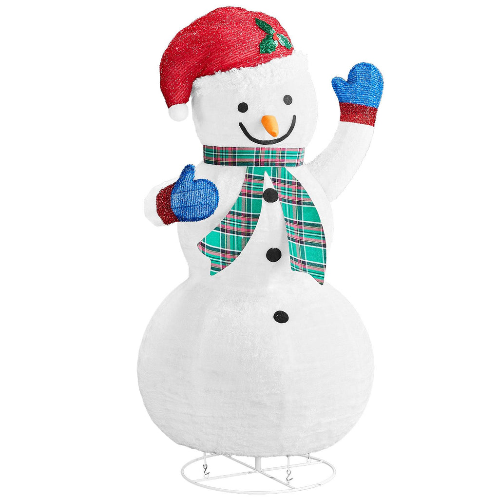 4FT Fabric Snowman with 90 White Lights, Plaid Scarf, Expandable Christmas Lighted Decor, US Plug