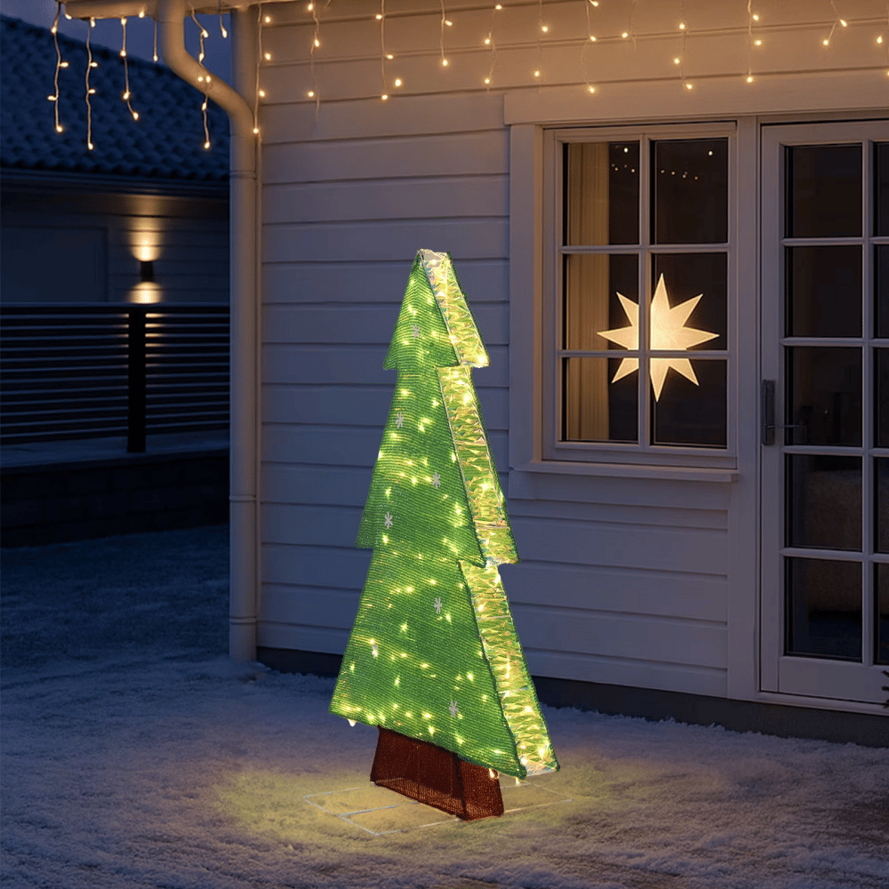 4FT Lighted Christmas Tree, 110 Warm White LEDs, Snowflake & IridescentDesign, Weather-Resistant Metal Frame Tinsel Fabric, Collapsible, Indoor Outdoor PorchGardenHolidayDecor