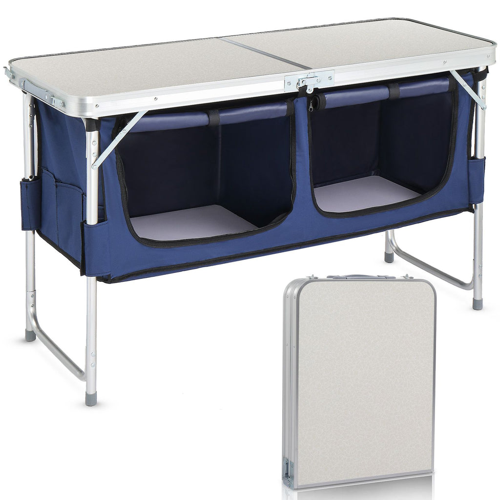 4FT Portable Folding Camping Table with Storage, Aluminum Outdoor Cooking Station with 2 Adjustable Legs, Blue