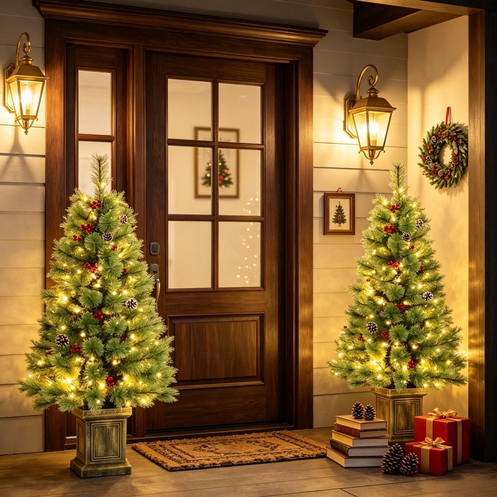 4ft Pre Lit Artificial Christmas Tree Set of 2 Xmas Pine Trees Dual Color LED Remote Green