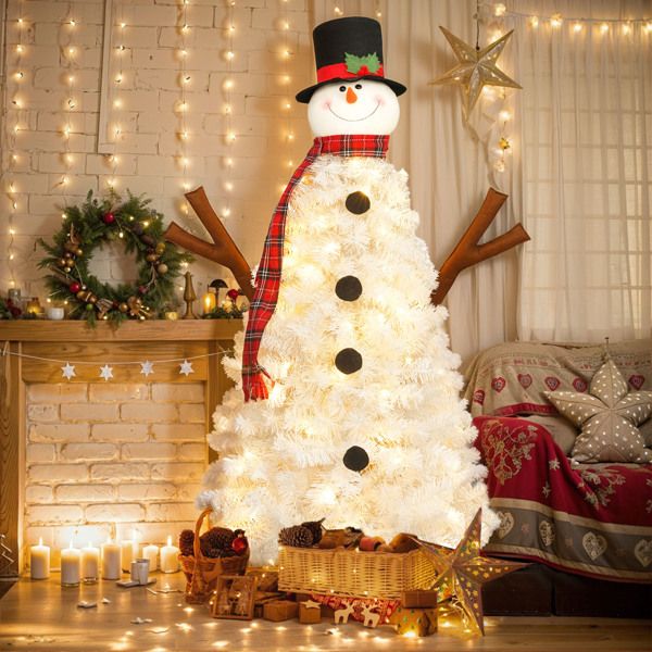 4ft Pre-lit Christmas Tree with 100 Lights, Snowman-Shaped Artificial Christmas Tree, Xmas Tree with 380 Branch Tips, PVC Festival Celebration Decoration Inside and Outside