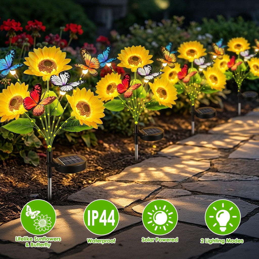 4Pack Solar Sunflower Garden Stake Lights, 3 Sunflower Heads & Butterfly Decor, Warm White LED with 2 Modes, IP44 Solar Flower Lights for Yard Patio Pathway Lawn