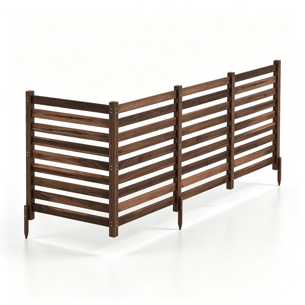 4Panel Solid Fir Wood Outdoor Privacy Screen, NoDig AC Unit Cover Fence with Ground Stakes, MultiLayout Ventilated Utility Hider for Patio Backyard Garden - Brown