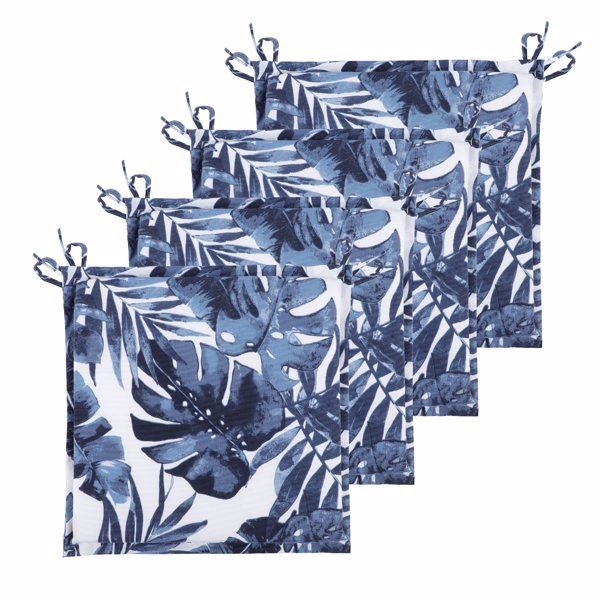 4PCS Outdoor Patio Seat Cushion Replacement Seat Cushion with Ties, 15" x 15" Patio Chair Pads for Gardens, Patios, and Dining Rooms, Palm Blue.