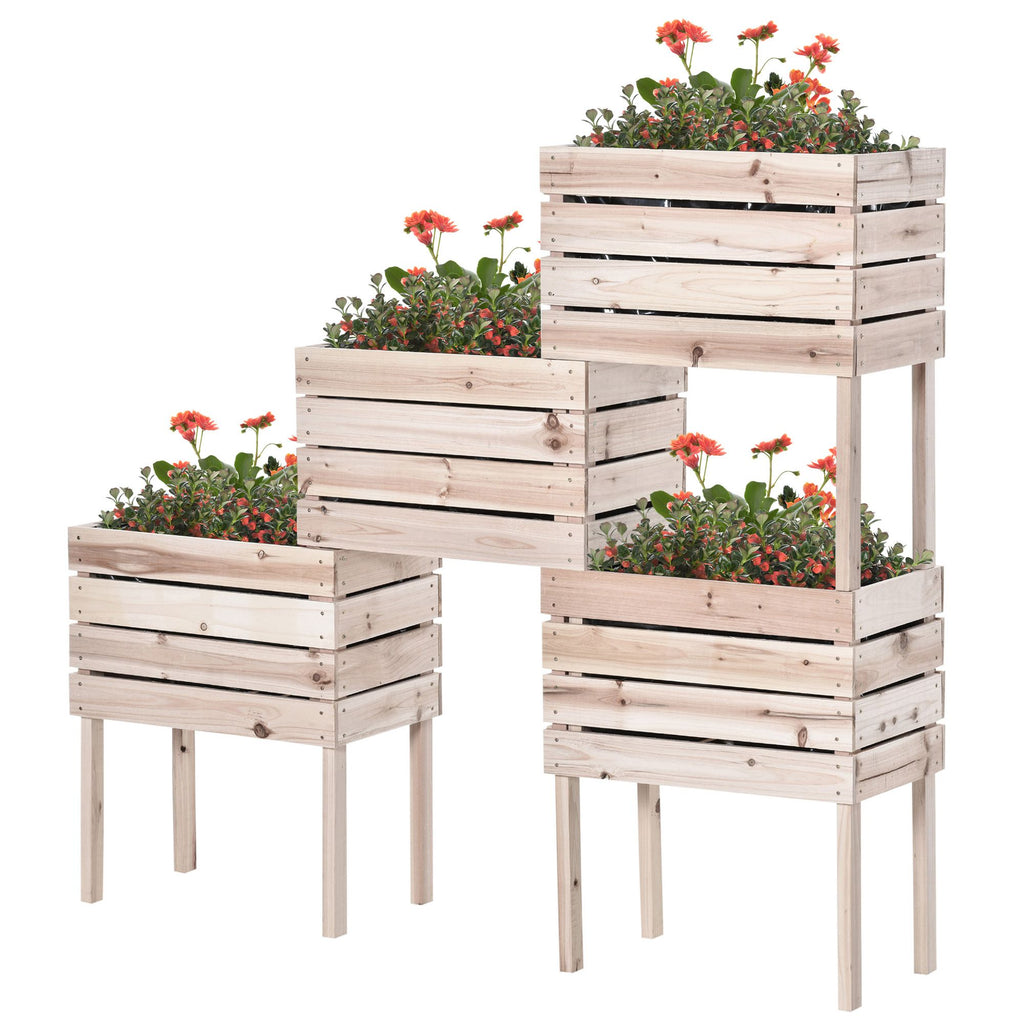 4pcs Outdoor Wooden Raised Planter Box Kit, Elevated Garden Beds for Plants Flowers Vegetables Fruits, DIY Raised Garden Bed, Natural
